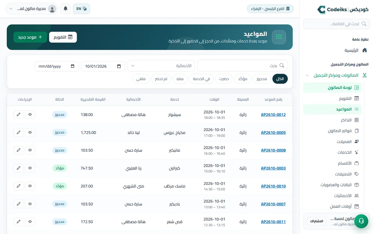 قائمة المواعيد في جلسة بحالاتها ومنفّذاتها